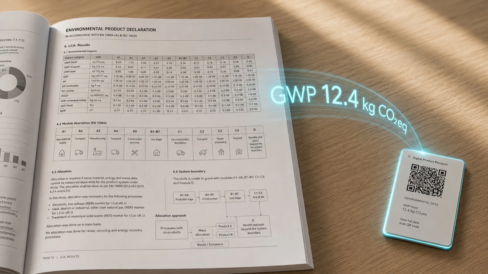 An EPD document full of detailed tables being compressed into a single GWP number on a digital product passport