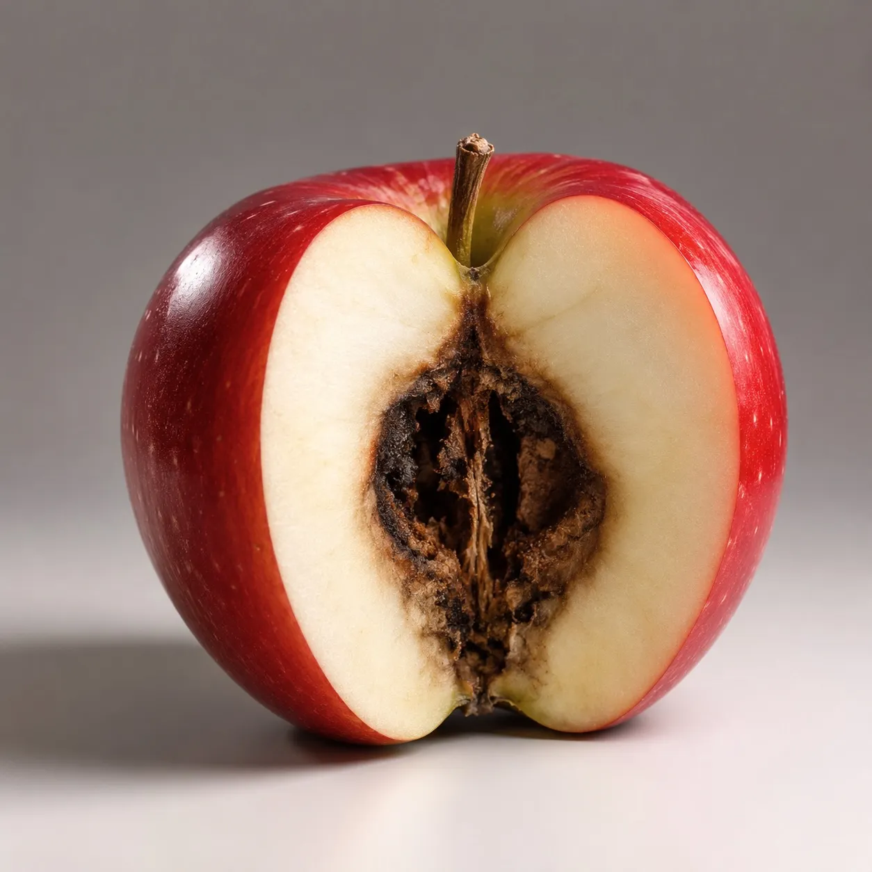 A shiny red apple cut open to reveal a rotten core — a metaphor for hidden biogenic carbon errors in verified timber EPDs