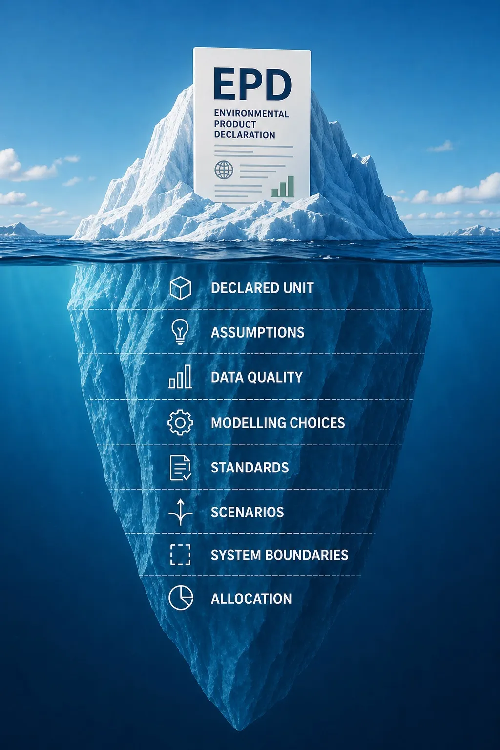 An EPD document as the tip of an iceberg, with declared unit, assumptions, data quality and other layers hidden below the waterline